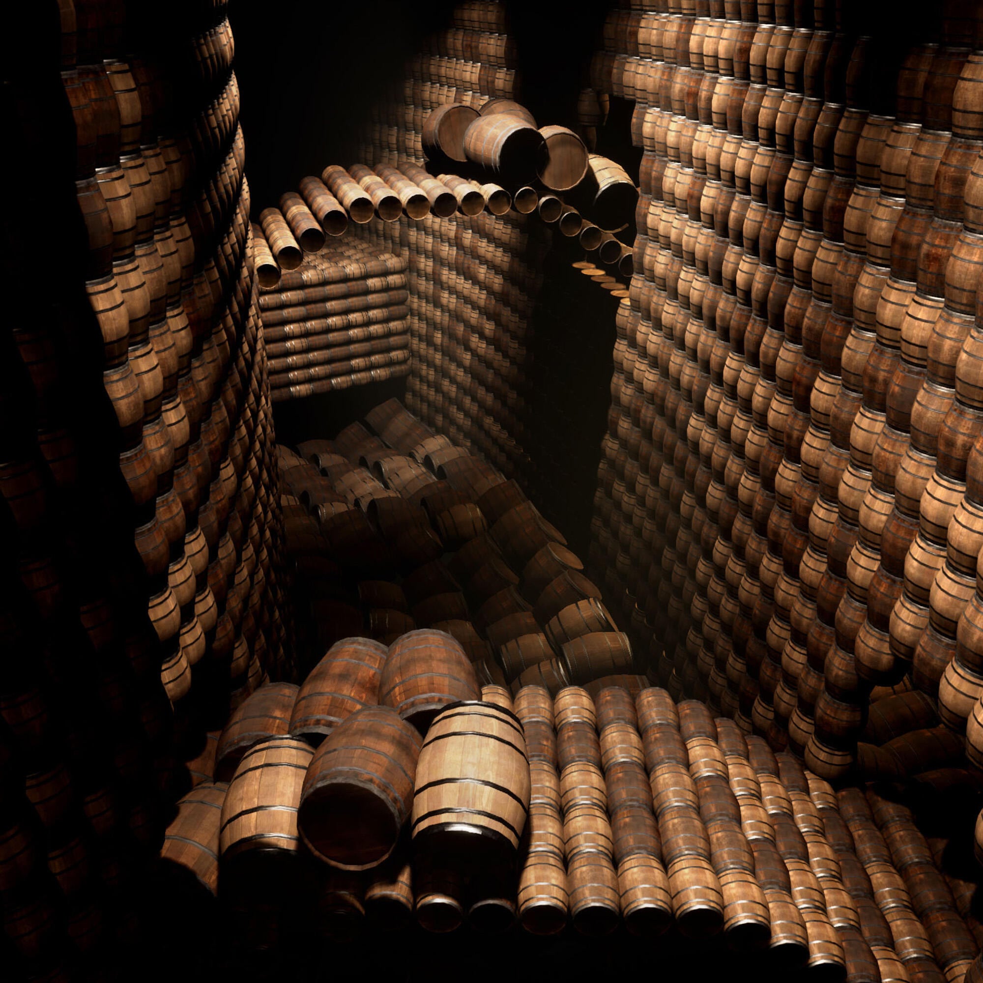 Still shot from MOBILIS, our virtual reality experience, showing rows of hundreds of oak barrels in Hennessy's cellars